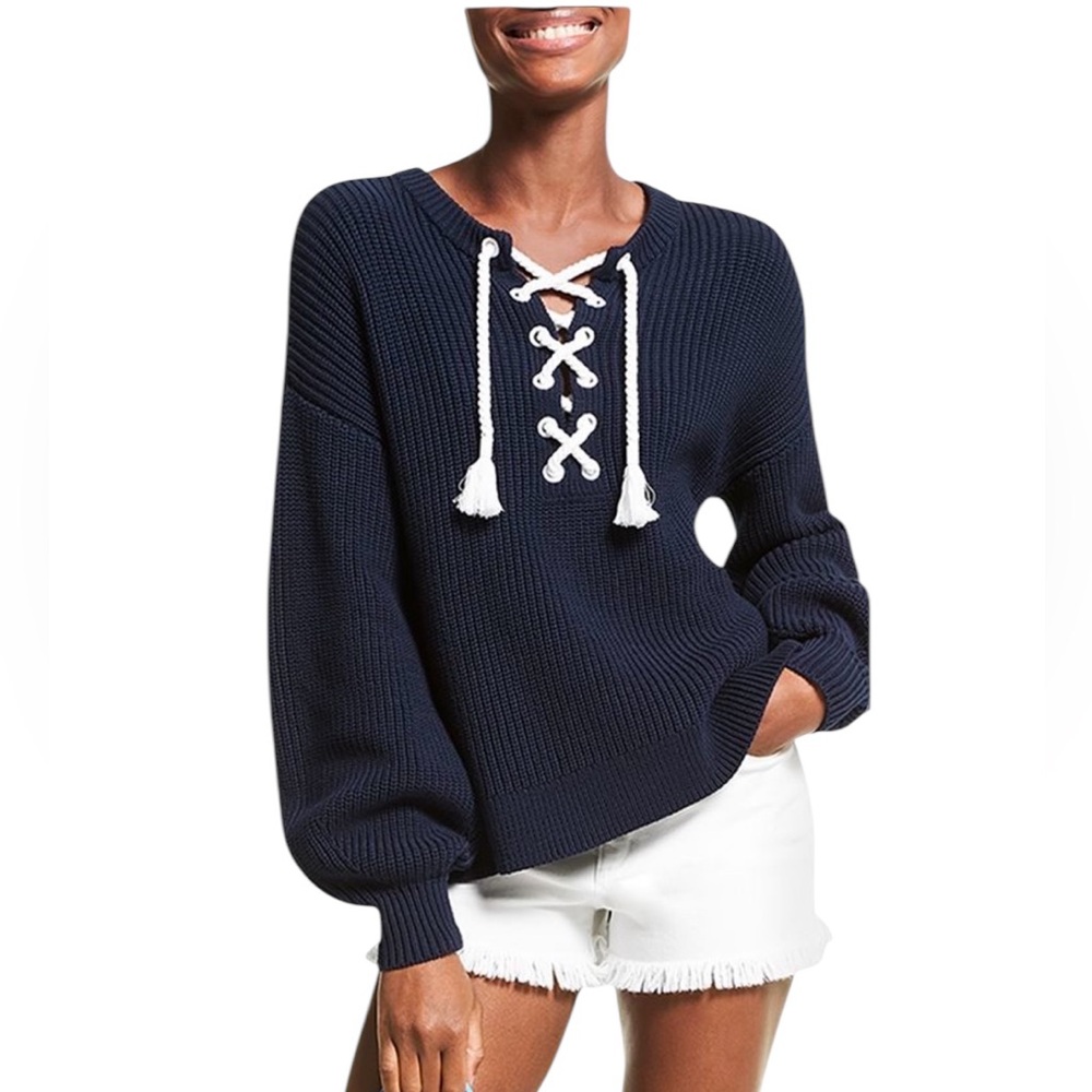 Michael Kors XS Ribbed Supima Cotton Lace-Up Sweater Blue Nautical Preppy Chic